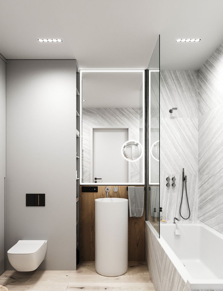 Világosszürke, fehér és fa kombinációja