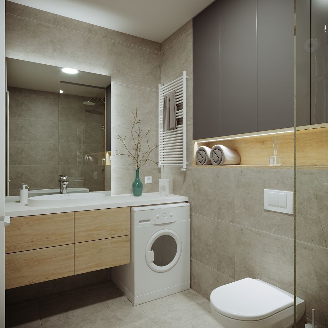 Fa hatású burkolat a zuhanyfülkében, szürke árnyalatok