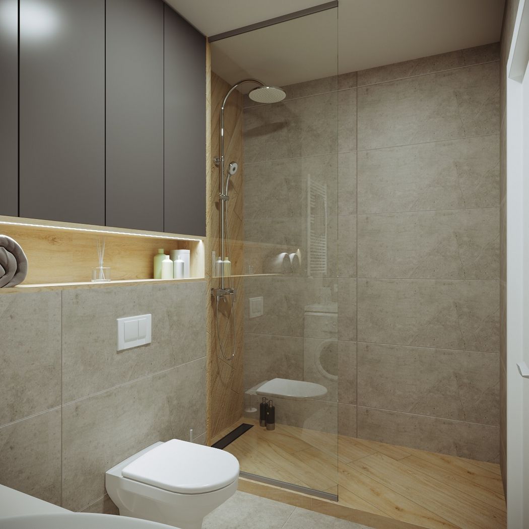 Fa hatású burkolat a zuhanyfülkében, szürke árnyalatok