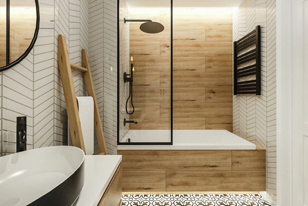 Modern, látványos burkolat ötletek fürdőszobába, szürke árnyalatok világostól sötétig, fa textúrák