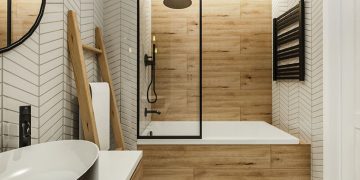Modern, látványos burkolat ötletek fürdőszobába, szürke árnyalatok világostól sötétig, fa textúrák