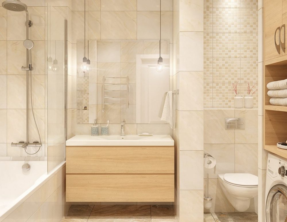 Fürdőszoba burkolat  - ötlet világos, elegáns, meleg hangulatú burkolat kombinációhoz, fürdőkád és praktikus kialakítás mosógéppel