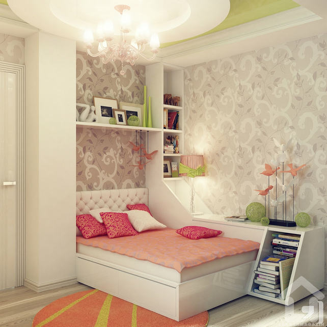 Gyerekszoba berendezés - lányszoba inspiráció - ágy, egyedi polcokkal