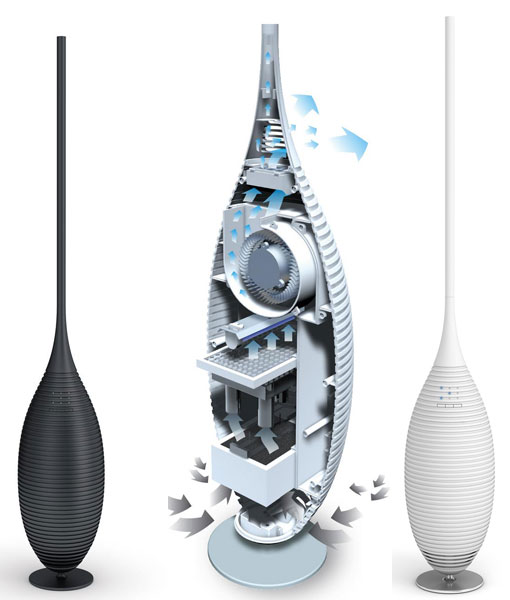 Lakásdekorációnak beillő fekete-fehér, fémborítású légtisztító berendezések Svájcból.