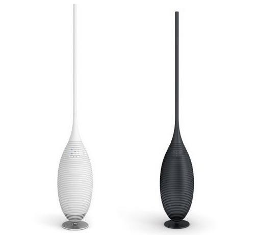 Lakásdekorációnak beillő fekete-fehér, fémborítású légtisztító berendezések Svájcból.