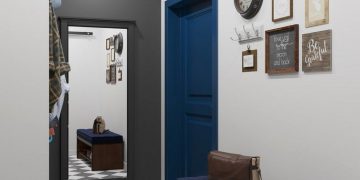 Előszoba - kék ajtó, szürke és fehér falak, szürke-fehér padlóburkolat átlóban lerakva, cipőtartós pad, tükör