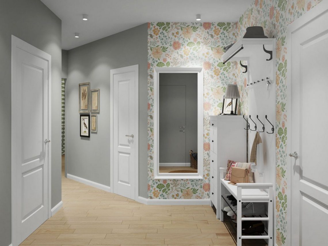 Előszoba virágmintás tapéta és semleges szürke falszín kombinációjával