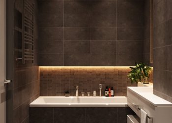 Fürdőszoba - sötét szürkésbarna falburkolat, fürdőkád, LED hangulatvilágítás, fehér bútor, mozaik