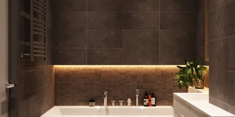 Fürdőszoba - sötét szürkésbarna falburkolat, fürdőkád, LED hangulatvilágítás, fehér bútor, mozaik