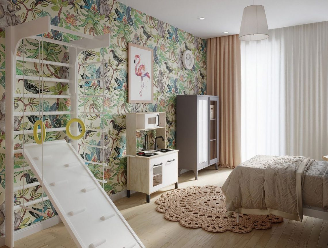 Gyerekszoba tapéta színes dzsungel mintával