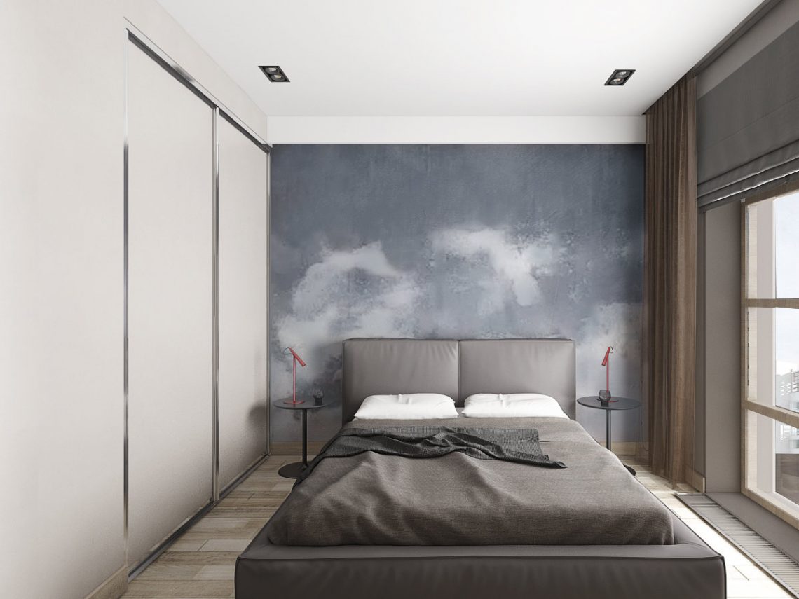 Hálószoba fal díszítő festés felhők és ég hangulattal, falba simuló gardrób ajtók