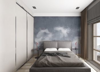 Hálószoba fal díszítő festés felhők és ég hangulattal, falba simuló gardrób ajtók