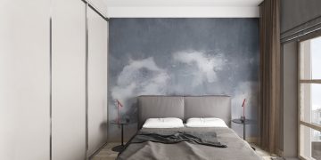Hálószoba fal díszítő festés felhők és ég hangulattal, falba simuló gardrób ajtók