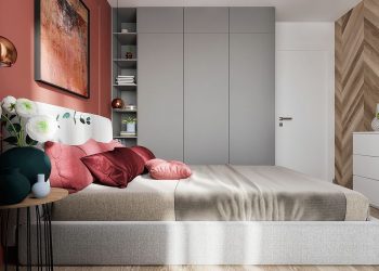 Hálószoba terrakotta színnel az ágy mögötti falon, szürke gardrób frontok és kárpit, fa panelekkel díszített fal parketta mintával