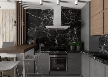 Fekete márvány konyha hátfal és konyhapult, modern szürke és fa konyhabútor, fa étkezőpult