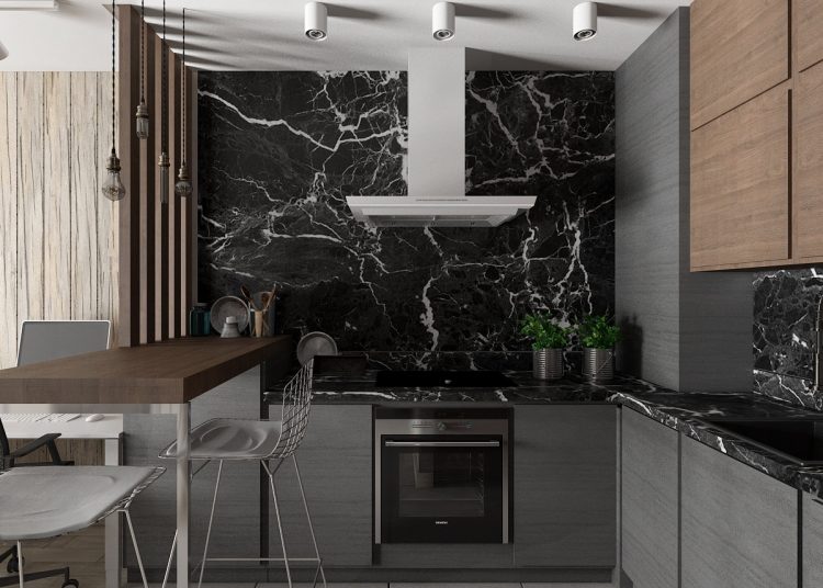Fekete márvány konyha hátfal és konyhapult, modern szürke és fa konyhabútor, fa étkezőpult