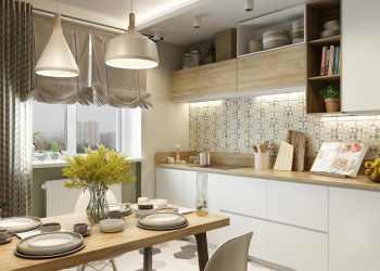 Modern konyha friss, természetes hangulattal berendezve - falba épített kamra és konyhagépek, mintás hátfal csempe, fehér, fa és szolid zöld