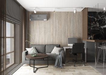 Diófa falpanel nappali falán, szürke kanapé kárpit és szürke római roló