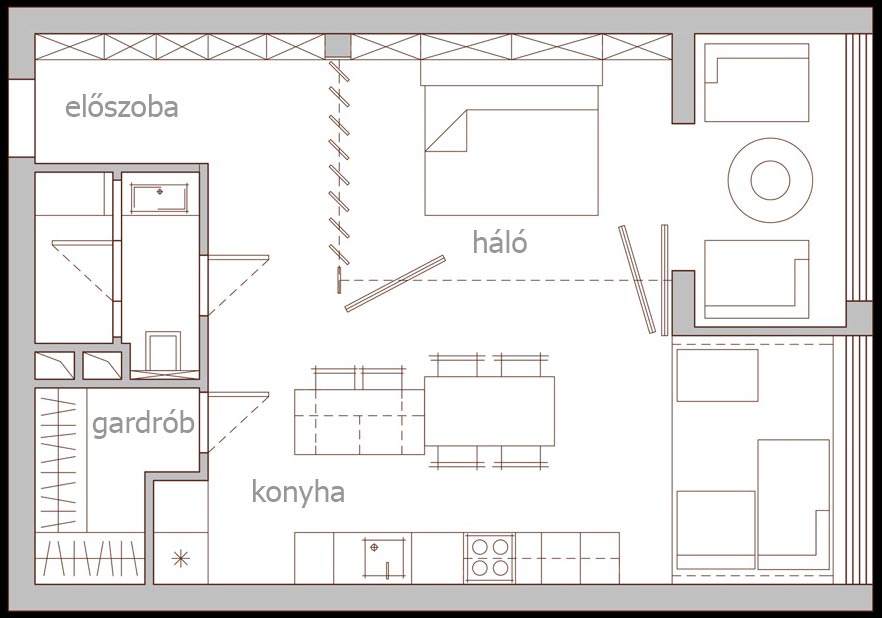 Alaprajz - Modern stúdió lakás eltolható üveg panelekkel elválasztott hálóval, lehajtható szekrényággyal