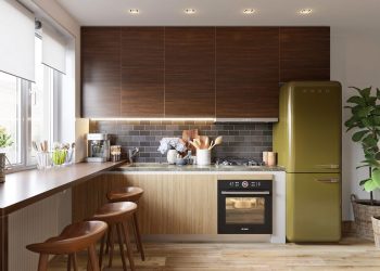 Stúdió lakás szép fa felületekkel, függönnyel elválasztott hálóval