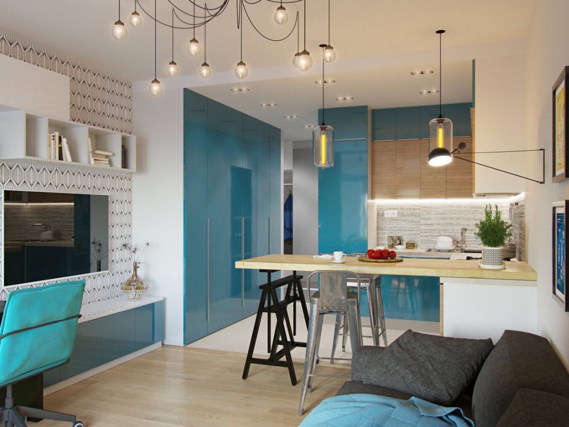 Fényes kék felületek és kiegészítők, minden ami szükséges 29m2-en - kis lakás ötletes, praktikus lakberendezéssel