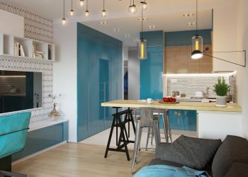 Fényes kék felületek és kiegészítők, minden ami szükséges 29m2-en - kis lakás ötletes, praktikus lakberendezéssel