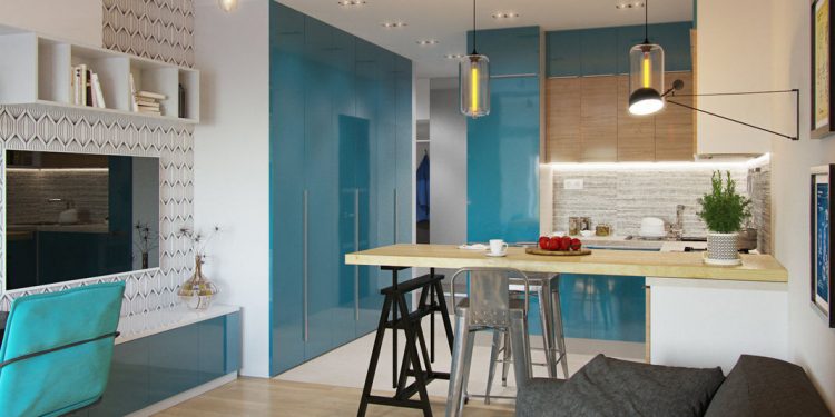 Fényes kék felületek és kiegészítők, minden ami szükséges 29m2-en - kis lakás ötletes, praktikus lakberendezéssel