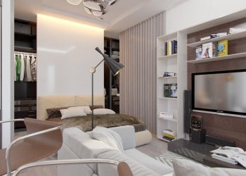 Gardrób kétszemélyes ágy mögött 30m2-es kis lakásban - lágy színek, elegáns berendezés, ügyes helykihasználás