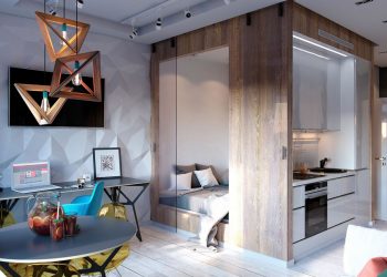 Kreatív lakberendezés egy kis 30m2-es lakásban - látványos, modern stílus, geometriai formák, praktikus elrendezés