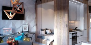 Kreatív lakberendezés egy kis 30m2-es lakásban - látványos, modern stílus, geometriai formák, praktikus elrendezés