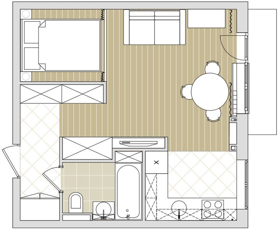 Alaprajz - Fiatal házaspár 32nm-es kis lakása hálófülkével és meleg barna színárnyalatokkal Alaprajz - Fiatal házaspár 32nm-es kis lakása hálófülkével és meleg barna színárnyalatokkal