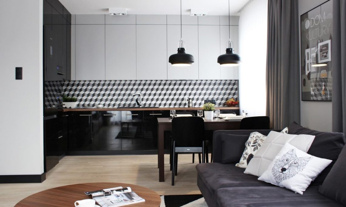 Stílusváltás egy kis lakásban - 33m2-es legénylakás felújítva, megújult dekorációval - geometriai minták, meleg diófa felületek és szürke árnyalatok