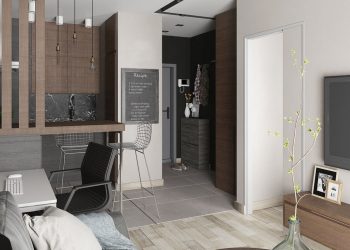 Férfiasan ízléses berendezés 34m2-en - egy szobából kettő, külön háló, kád és mosógép a fürdőben, márvány és fa, természetes színek