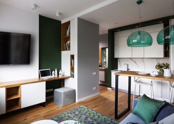 Kis lakás elegáns, modern, otthonos berendezéssel, mély zöldekkel, növény mintákkal, szép fa felületekkel – 35m2