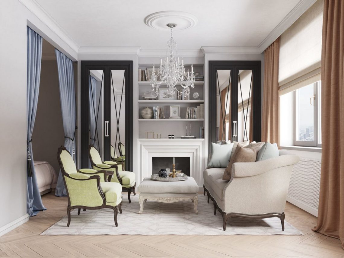 Egyszobás 35m2-es lakás kényelmes és funkcionális berendezése - pasztell színek, tágas konyha és étkező, franciaágy, kandalló a nappaliban