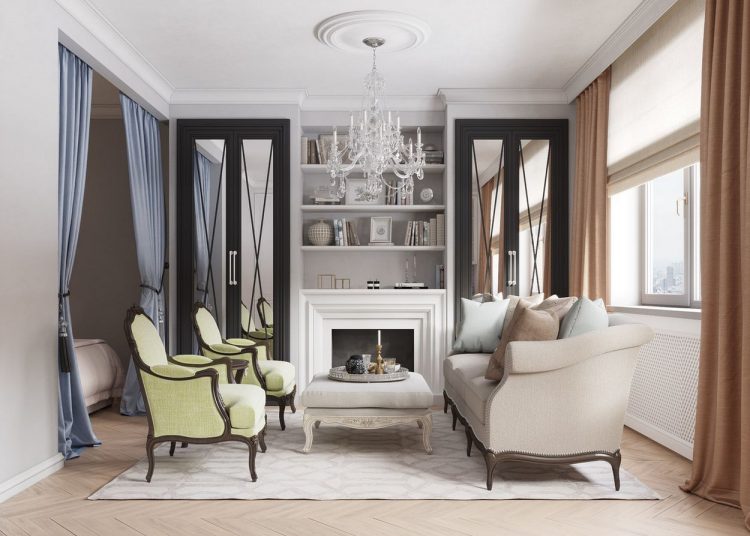 Egyszobás 35m2-es lakás kényelmes és funkcionális berendezése - pasztell színek, tágas konyha és étkező, franciaágy, kandalló a nappaliban