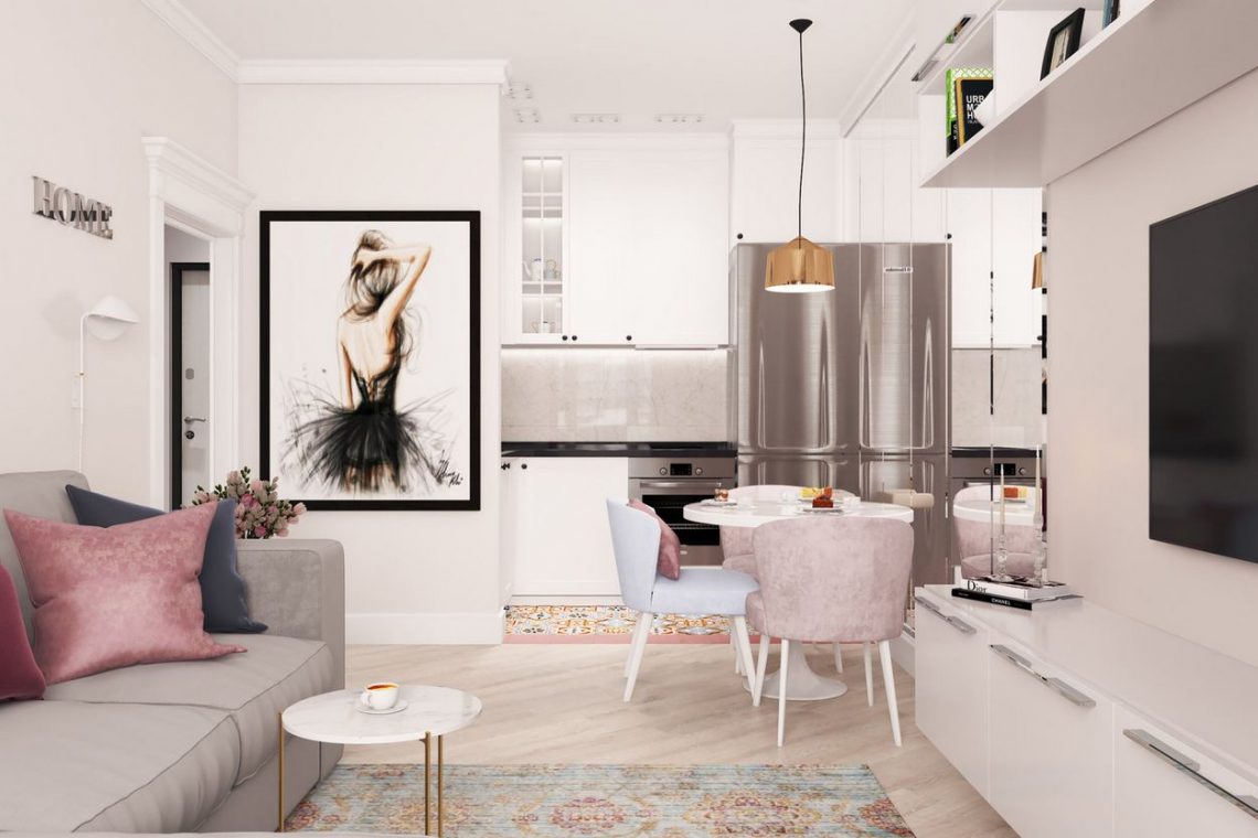 Lágy, nőies színválasztás egy fiatal lány 36m2-es kétszobás lakásában - világos szürkés-rózsaszín árnyalatok, ergonomikus elrendezés