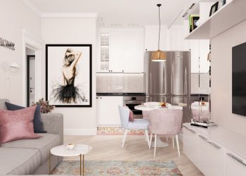 Lágy, nőies színválasztás egy fiatal lány 36m2-es kétszobás lakásában - világos szürkés-rózsaszín árnyalatok, ergonomikus elrendezés