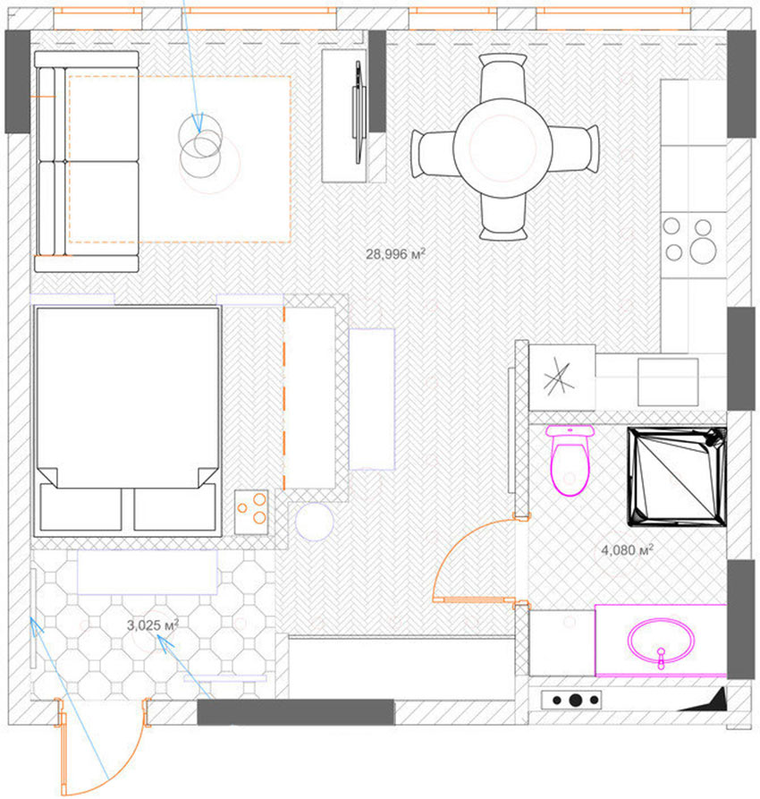Alaprajz - Egy kis párizsi lakás hangulata 36m2-en - egyszobás otthon, szürke konyha, hálófülke, halszálka parketta