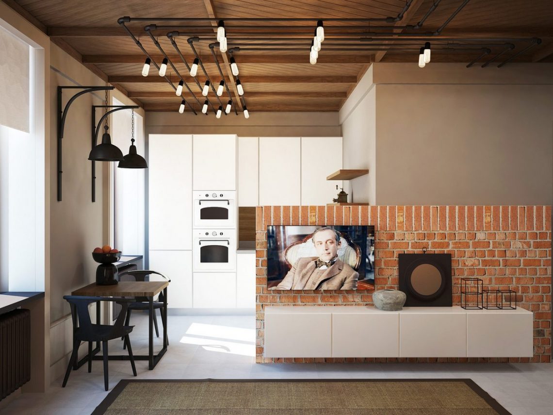 37m2-es kis lakás fa mennyezettel, téglafallal, modern konyhával és fürdőszobával