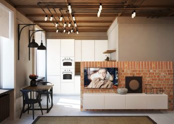 37m2-es kis lakás fa mennyezettel, téglafallal, modern konyhával és fürdőszobával