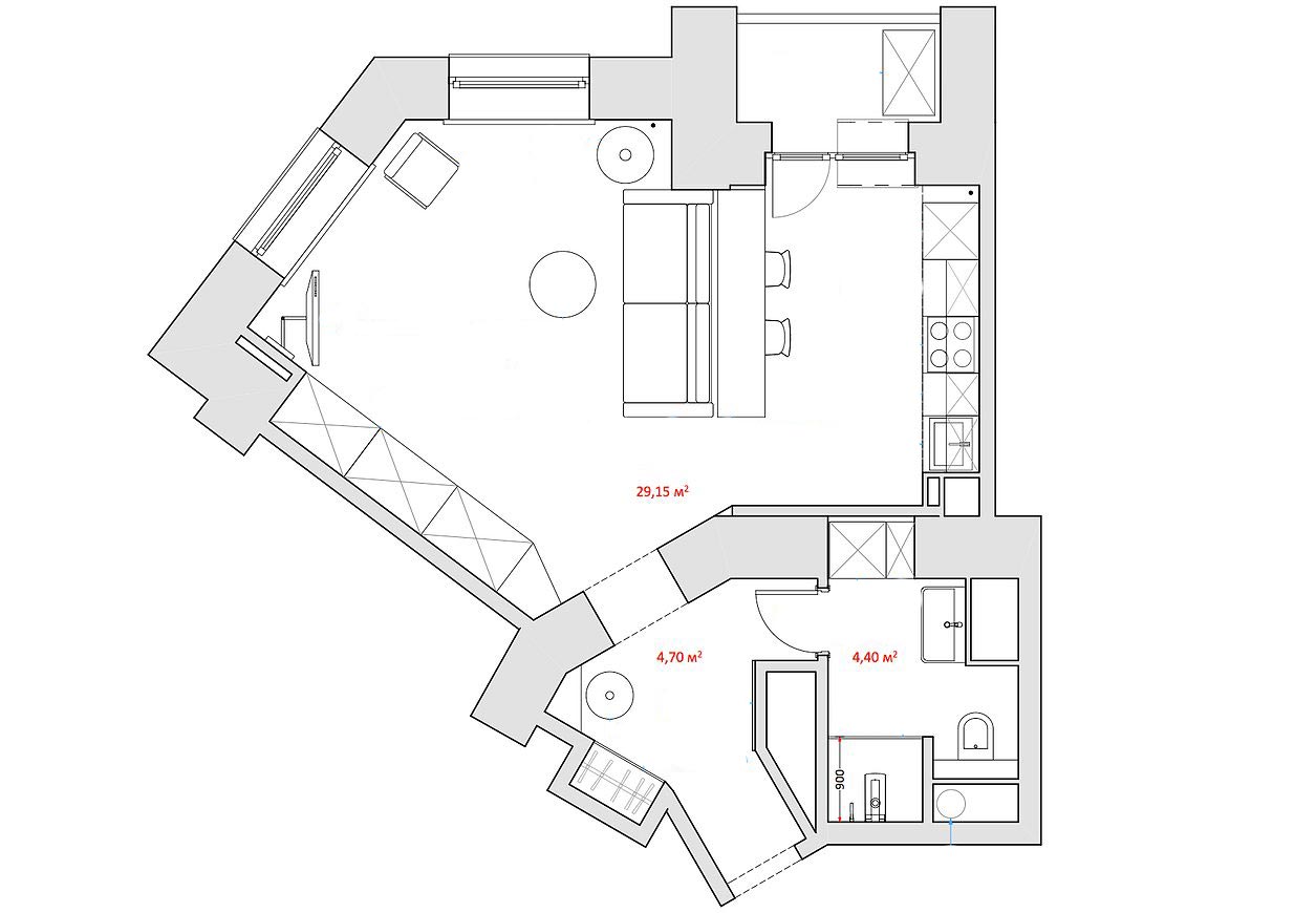 Alaprajz - Mikroloft - a nagymama régi 38m2-es otthonából új stúdió lakás egy fiatal férfinak