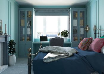 Mentazöld falak a hálószobában, lila, kék, szürke - 38m2-es lakás különleges színpalettával