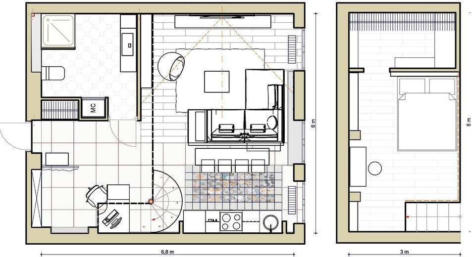 Alaprajz - Fiatal hölgy 40m2-es modern lakásának bővítése +20m2 galériával - nagy belmagasság tetőtérben