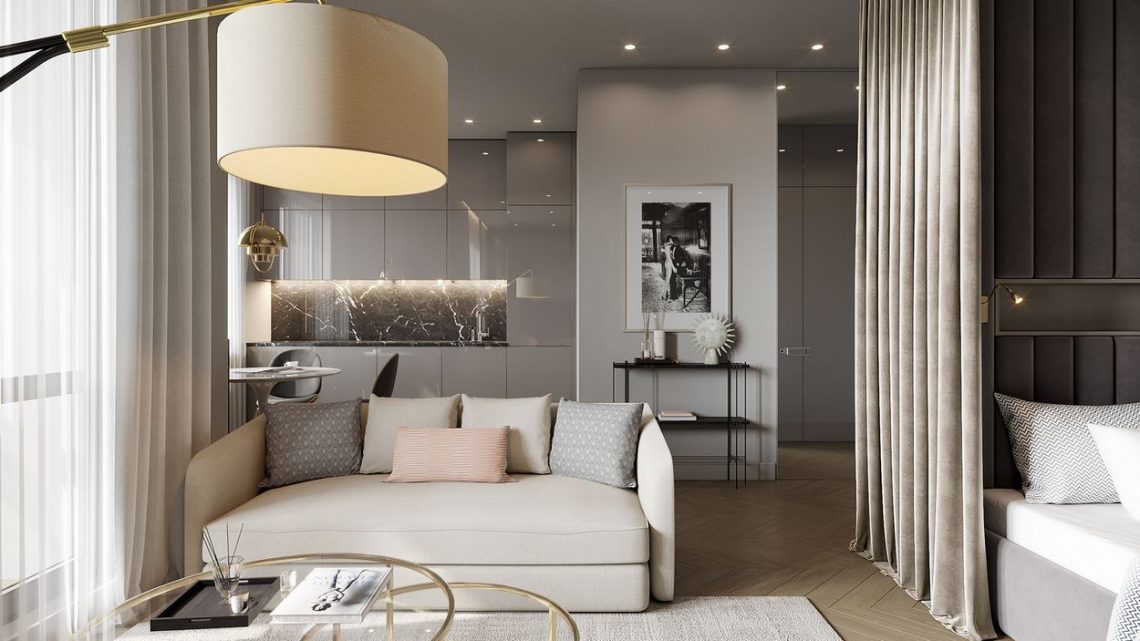 Mint egy elegáns lakosztály - 40m2-es egyszobás lakás, fényes felületek, szürke színpaletta