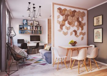 Kreatívan berendezett 40m2-es kis lakás természetes fa felületekkel és változatos mintákkal