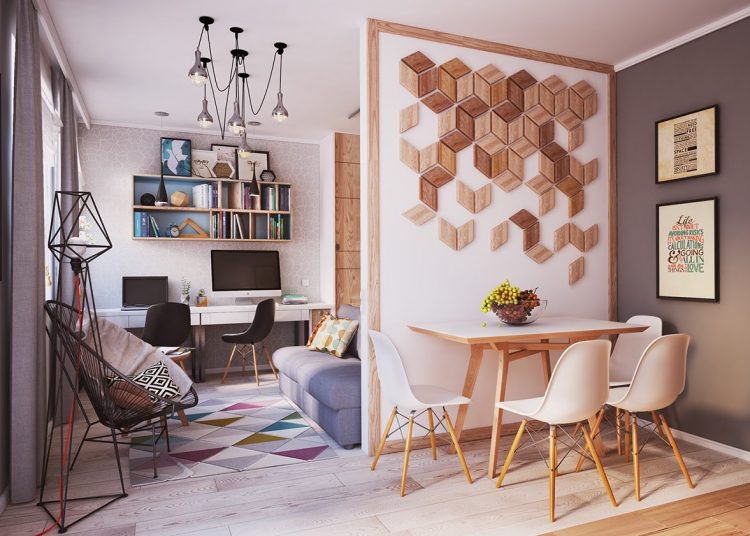 Kreatívan berendezett 40m2-es kis lakás természetes fa felületekkel és változatos mintákkal