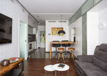 Modern 43nm-es lakás - üvegajtók és szép fa elemek