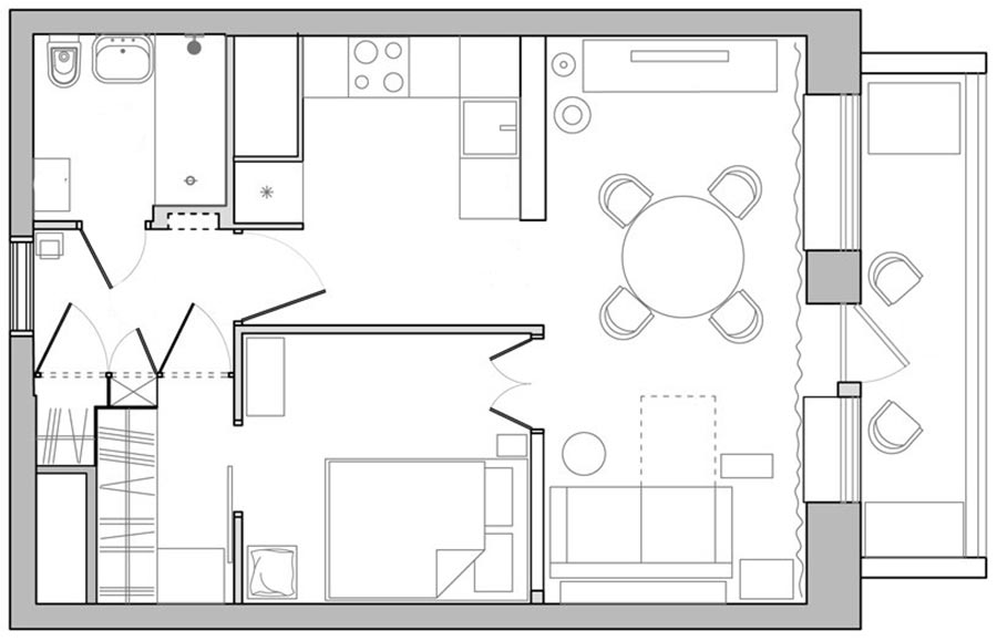 Alaprajz - Fiatalos lánylakás - 43m2-en egy szobából külön hálószobás, világos, pozitív hangulatú otthon