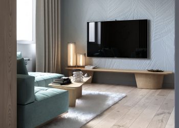 Nőiesen modern 45m2-es lakás - világoszöld, rózsaszín, szürke színek fa felületekkel, szép faldekoráció díszítőfestéssel